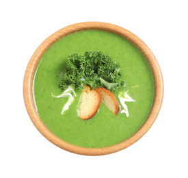Photo of Tasty kale soup with croutons isolated on white, top view
