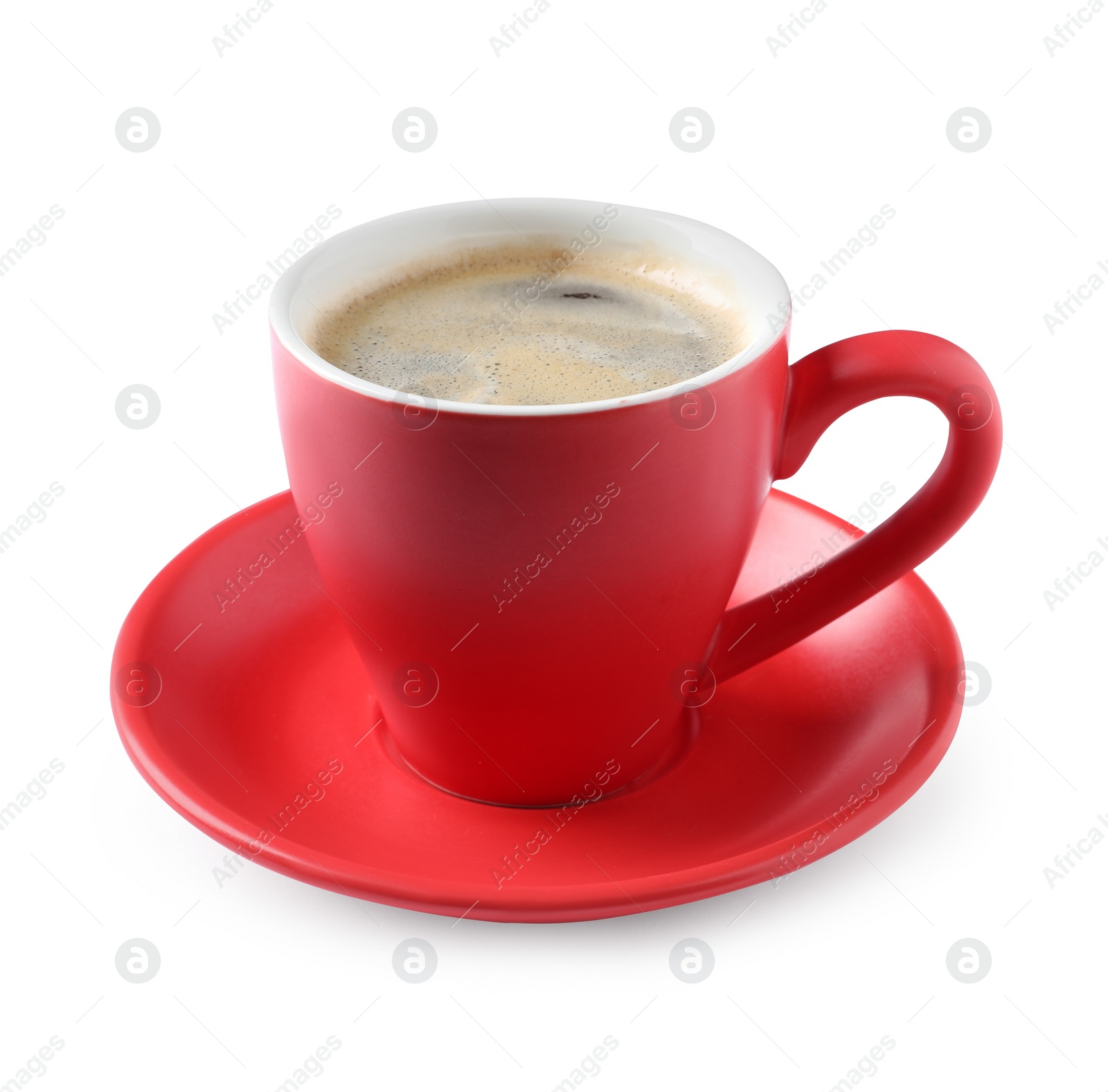 Photo of Red cup with aromatic coffee isolated on white