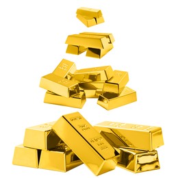 Image of Collage with many gold bars on white background