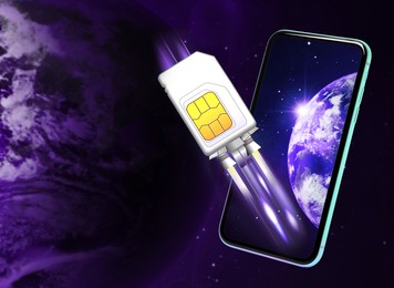 Image of Fast internet connection. SIM card flying out of smartphone in space