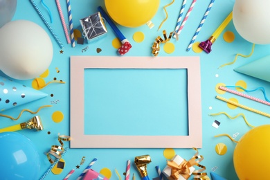 Photo of Flat lay composition with party accessories and space for text on color background