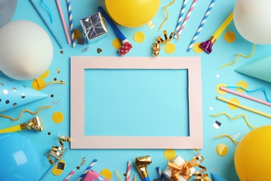 Flat lay composition with party accessories and space for text on color background