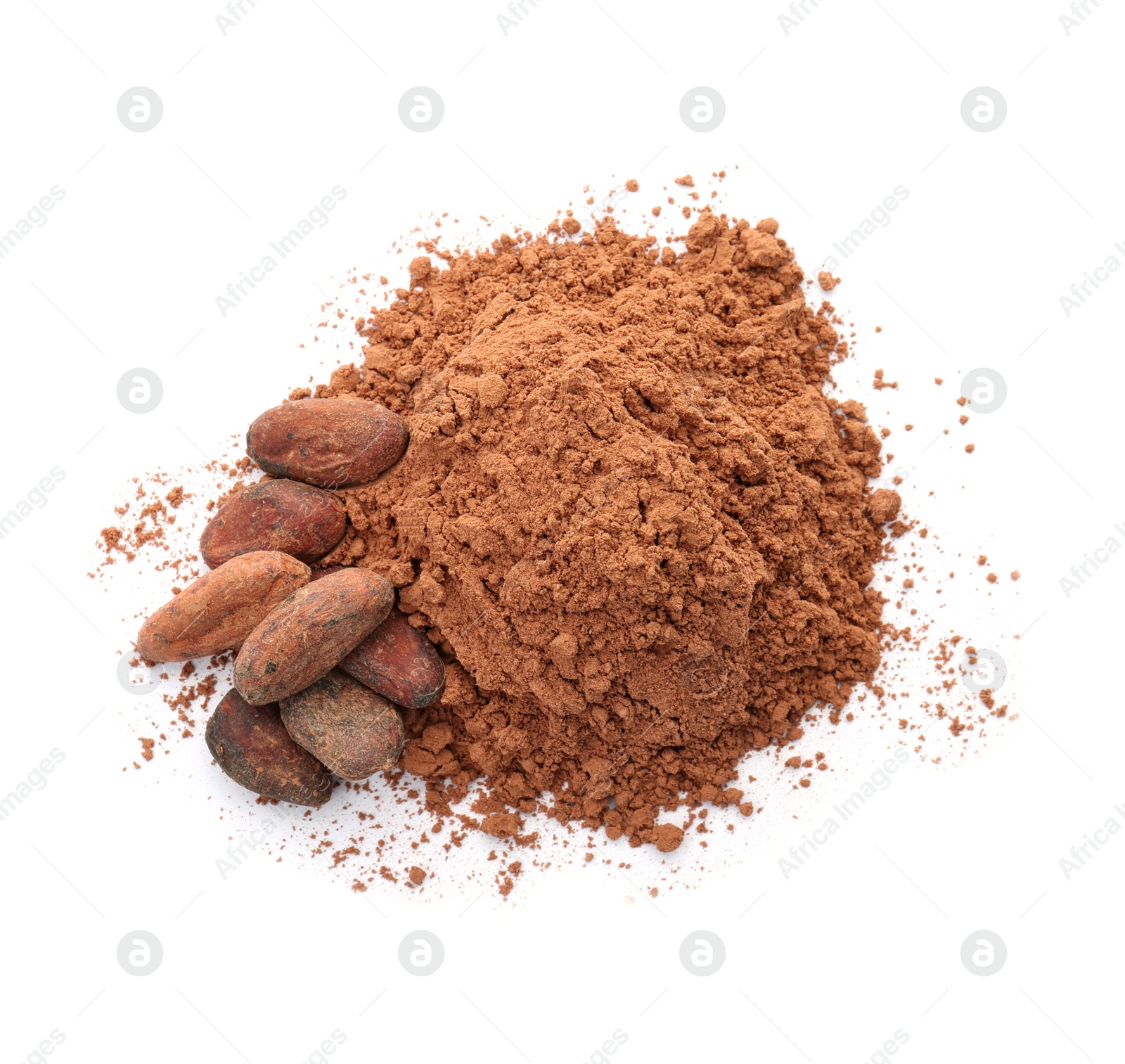 Photo of Cocoa powder and beans on white background