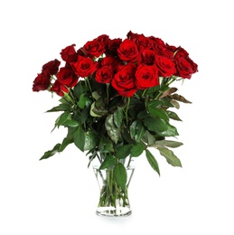 Vase with beautiful red roses on white background