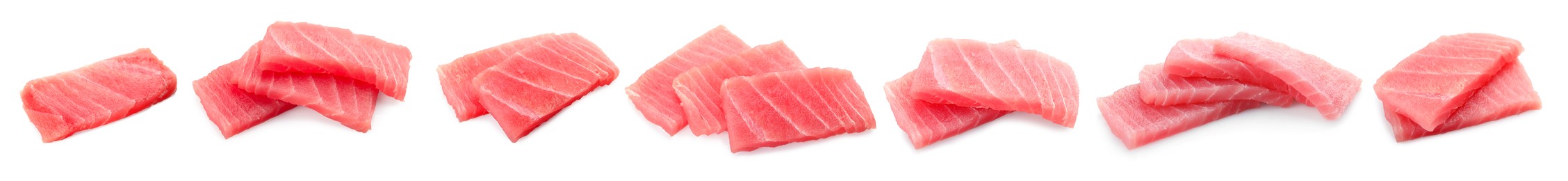 Image of Collage with fresh tuna sashimi isolated on white