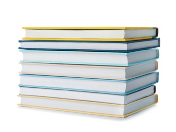 Stack of hardcover books on white background