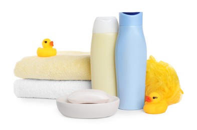 Baby cosmetic products, bath ducks, sponge and towels isolated on white