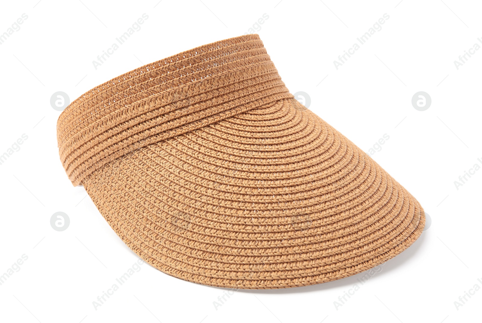 Photo of Stylish straw visor cap isolated on white. Beach object