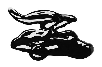 Blots of black glossy paint on white background, top view