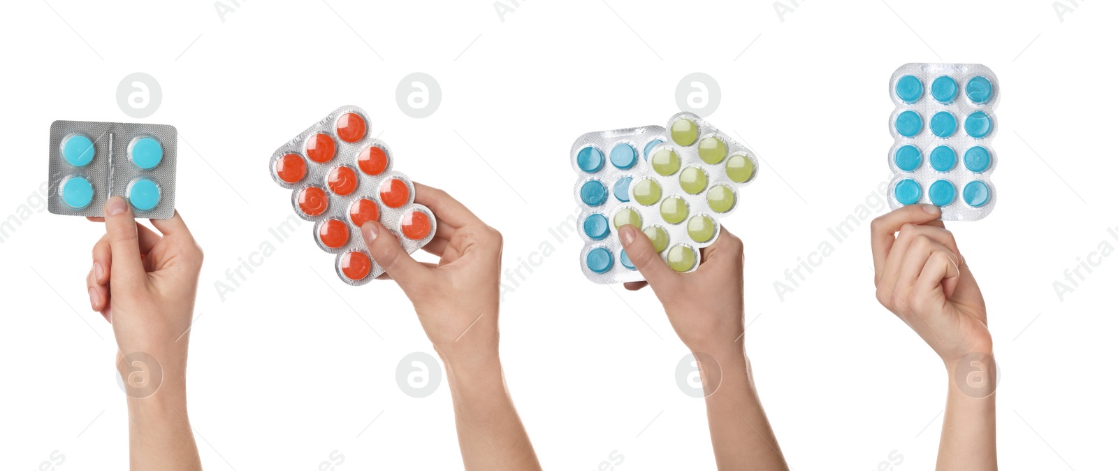 Image of Collage with photos of women holding cough drops on white background, closeup. Banner design