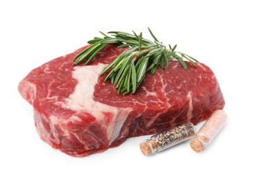 Photo of Piece of fresh beef meat with rosemary and spices isolated on white