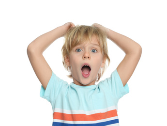 Photo of Portrait of emotional little boy on white background