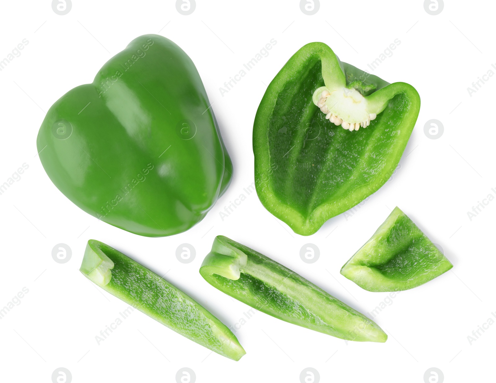Photo of Juicy green bell peppers on white background
