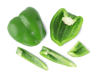 Juicy green bell peppers on white background