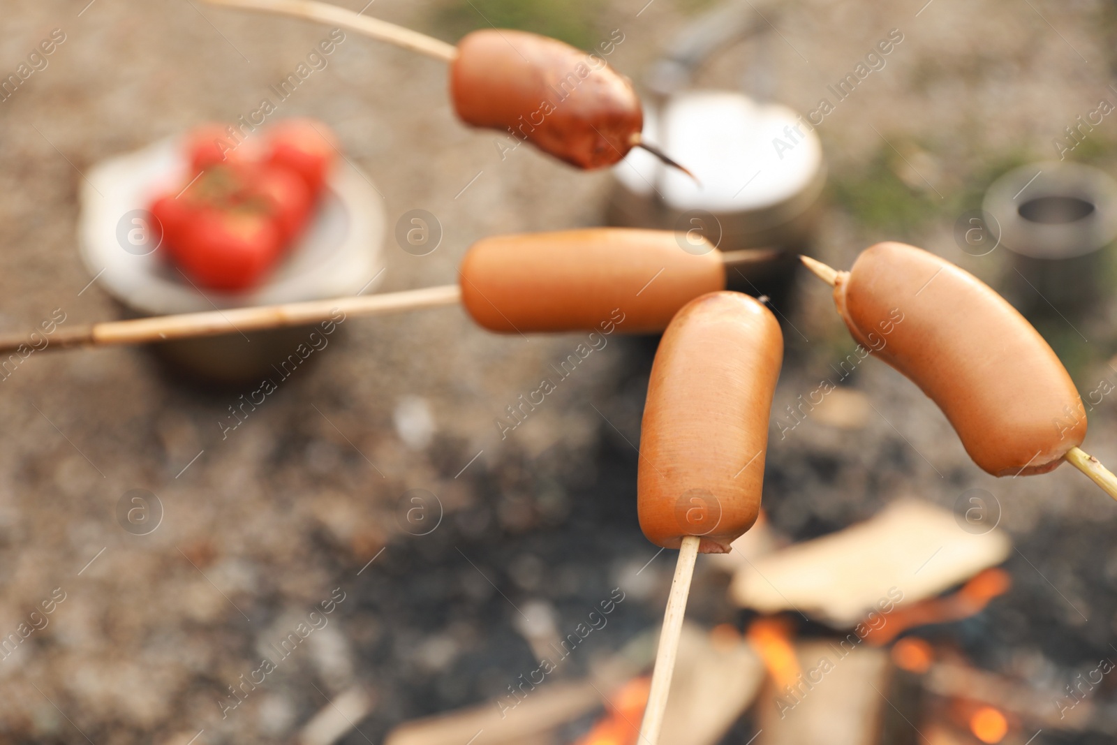 Photo of Frying sausages on bonfire outdoors. Camping season