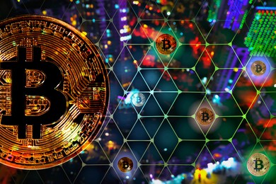 Image of Cryptocurrency. Scheme with bitcoins against blurred background