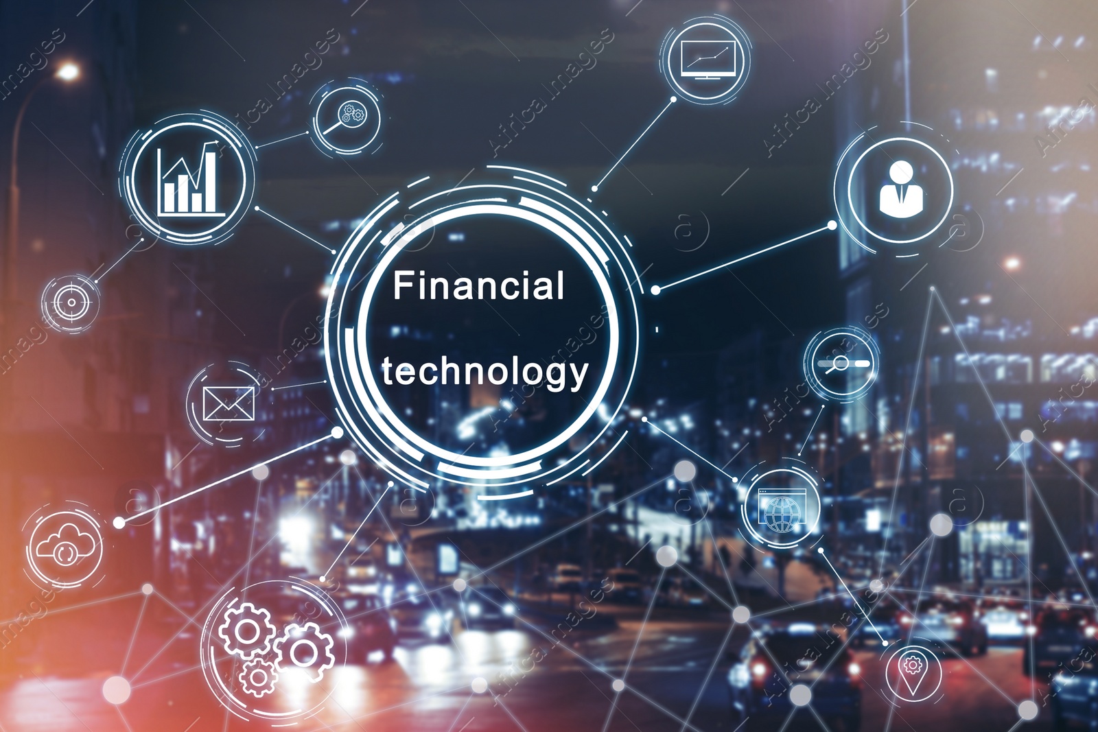 Image of Financial technology concept. Scheme with icons on city background