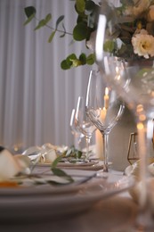 Festive table setting with beautiful decor indoors, closeup