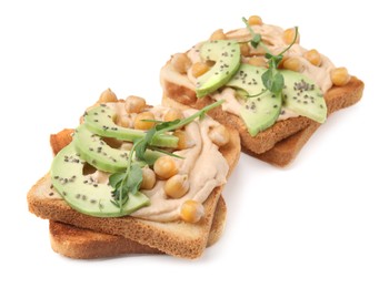 Photo of Delicious sandwiches with hummus, avocado and chickpeas on white background