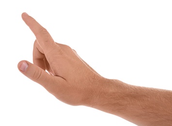 Photo of Abstract young man's hand on white background