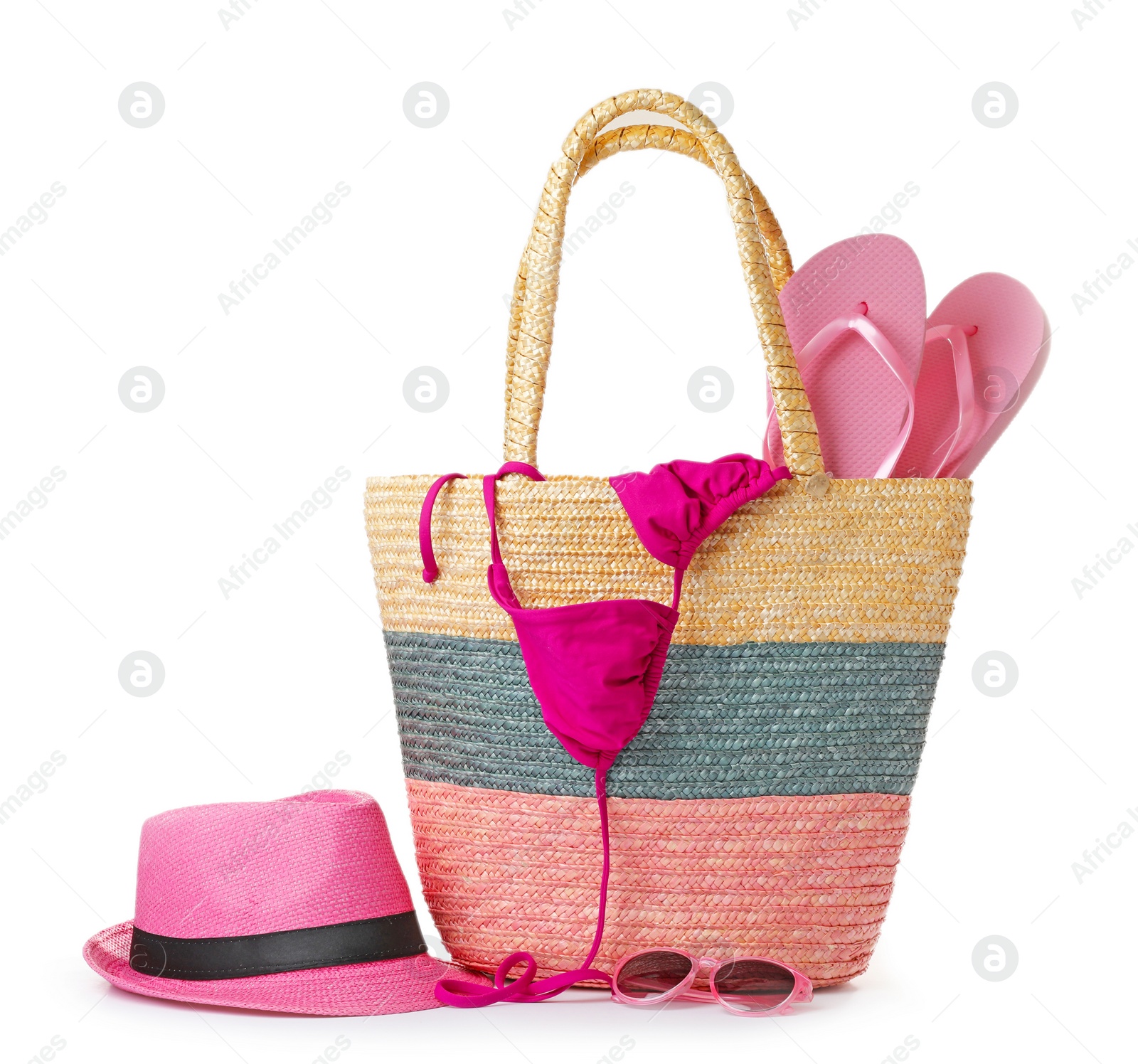 Photo of Composition with beach objects on white background