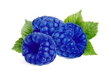 Image of Many fresh blue raspberries and green leaves isolated on white