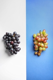 Different fresh ripe juicy grapes on color background, top view