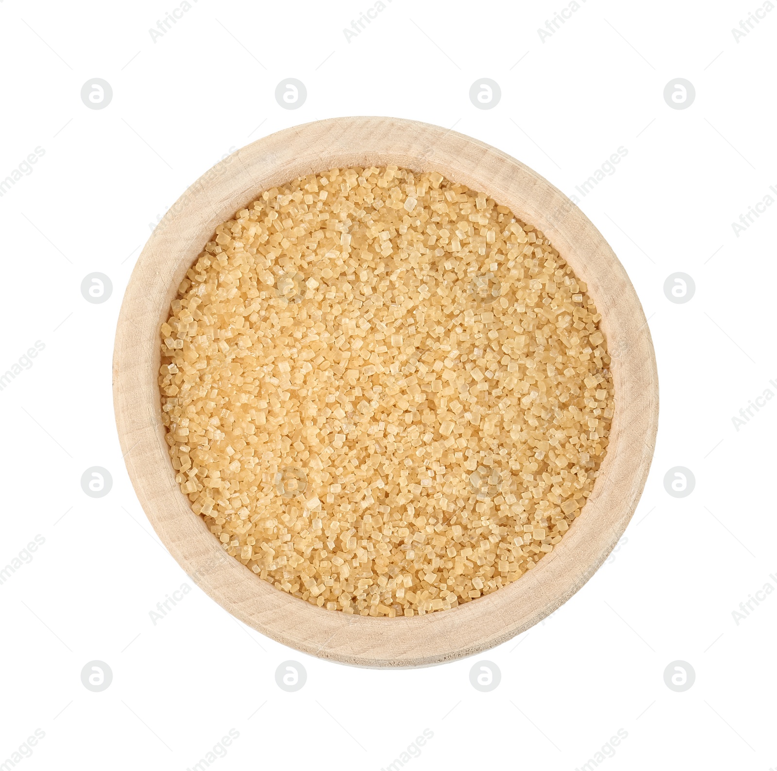 Photo of Brown sugar in bowl isolated on white, top view