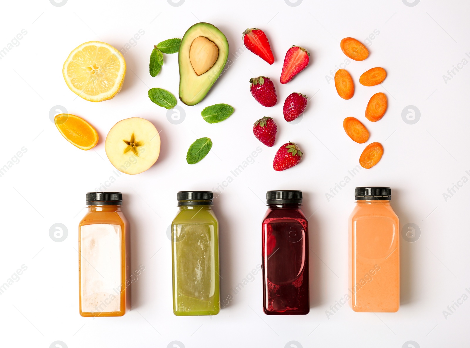 Photo of Flat lay composition with healthy detox smoothies and ingredients on light background