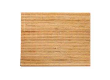 Photo of Bamboo mat isolated on white, top view