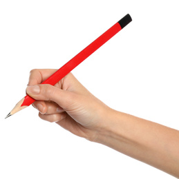 Photo of Woman holding ordinary pencil on white background, closeup