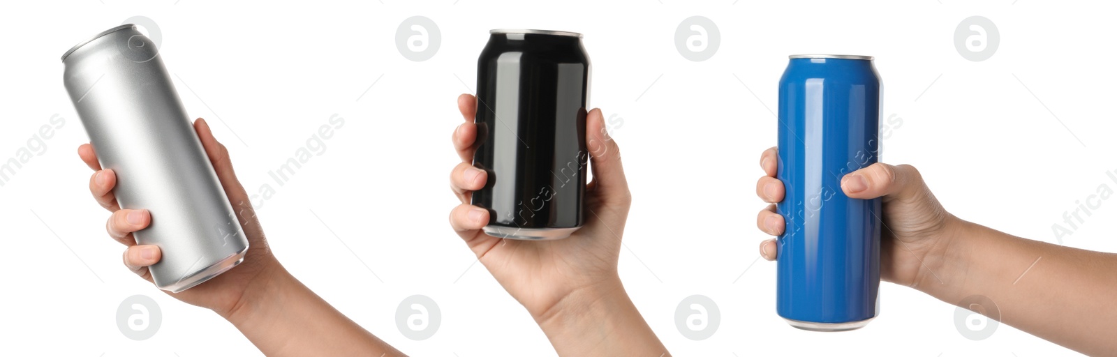 Image of Collage with photos of women holding different cans with beverages on white background, closeup. Banner design