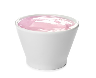 Bowl with yummy yogurt on white background