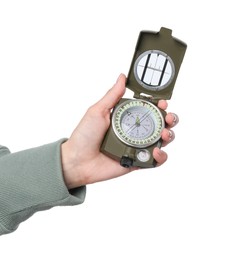 Photo of Woman holding compass on white background, closeup