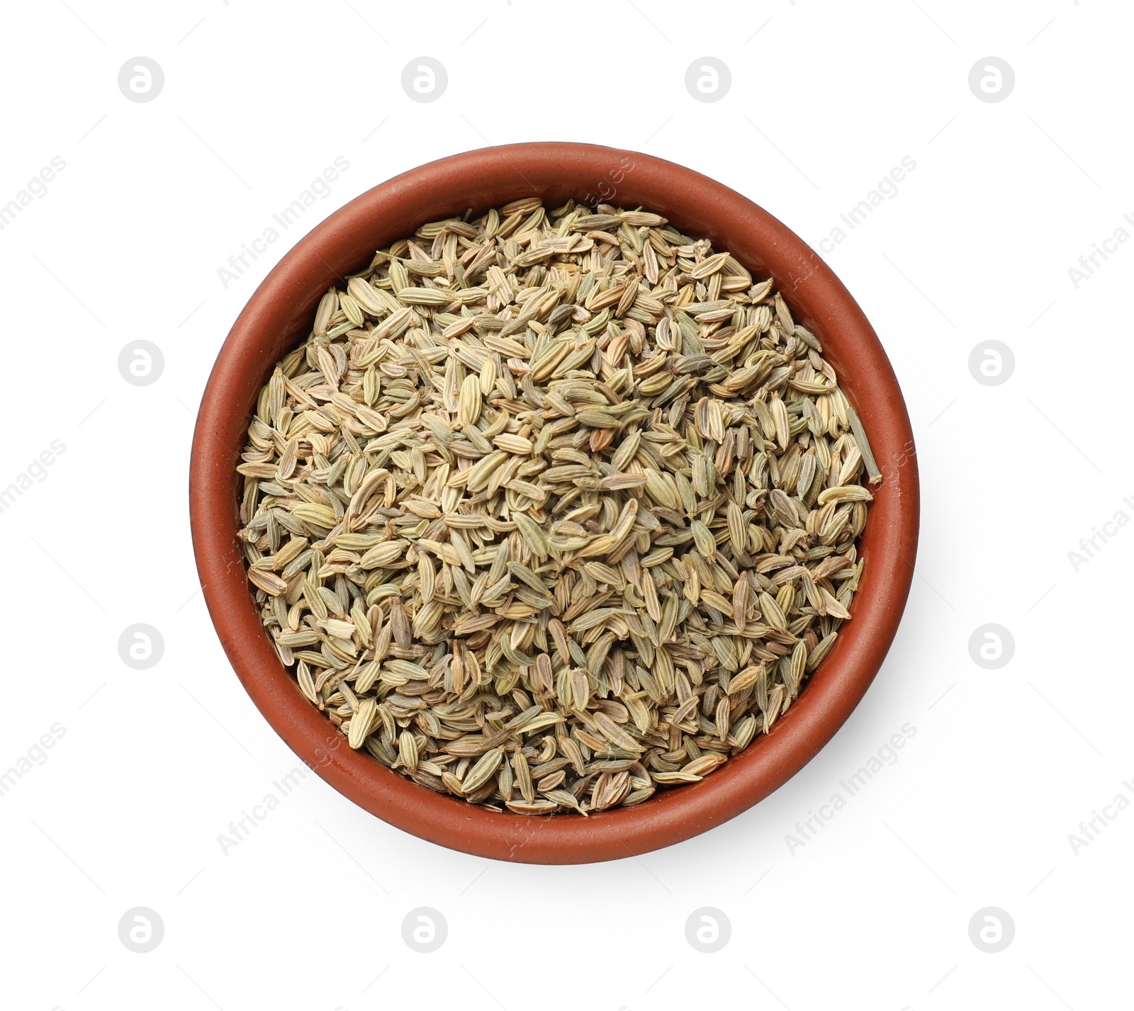 Photo of Dry fennel seeds in bowl isolated on white, top view