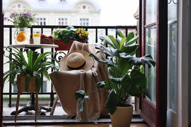 Photo of Relaxing atmosphere. Stylish furniture surrounded by beautiful houseplants on balcony