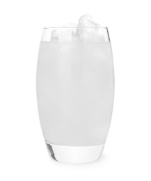 Photo of Glass of coconut water with ice cubes isolated on white