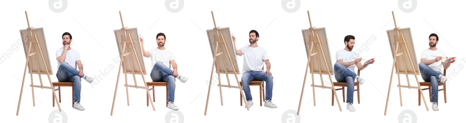 Image of Collage with photos of painter near easel on white background