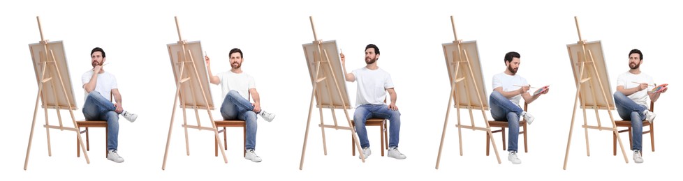 Collage with photos of painter near easel on white background
