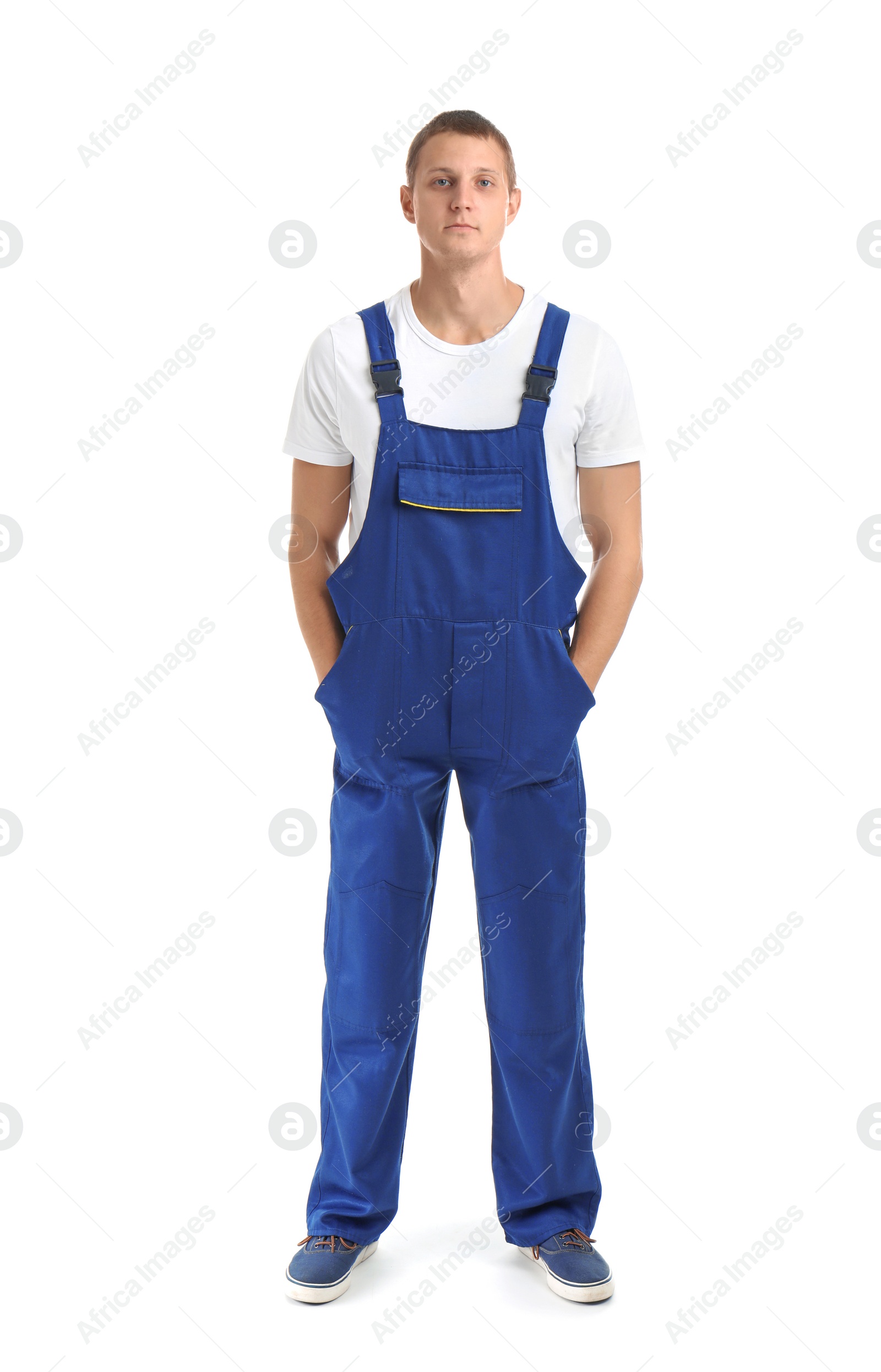 Photo of Full length portrait of electrician wearing uniform on white background