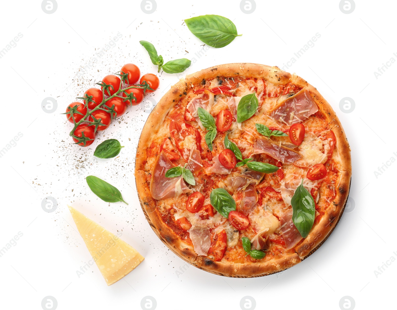 Photo of Delicious pizza with tomatoes and meat on white background