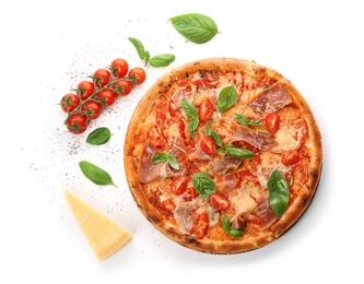 Delicious pizza with tomatoes and meat on white background