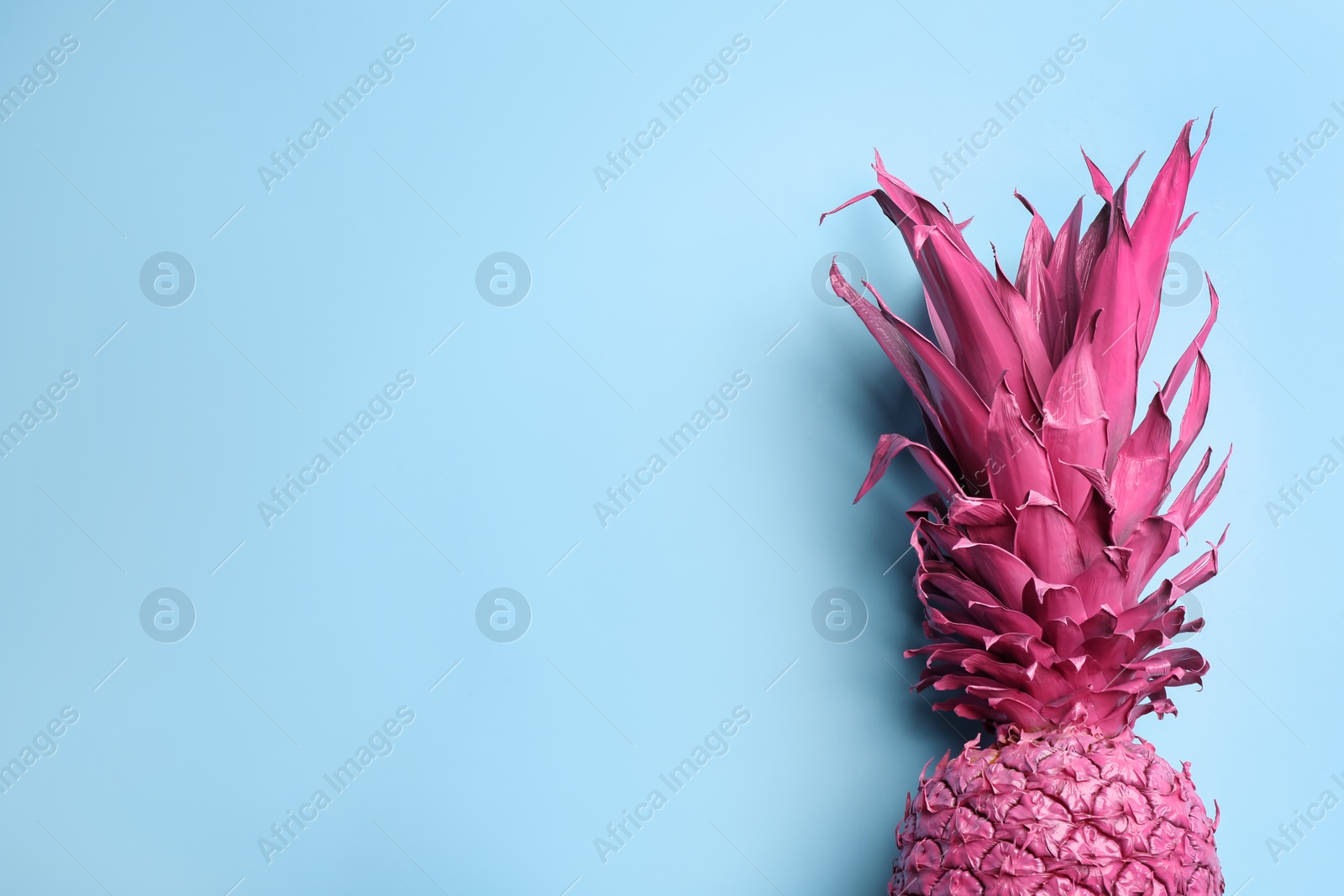 Photo of Top view of painted pink pineapple on light blue background, space for text. Creative concept