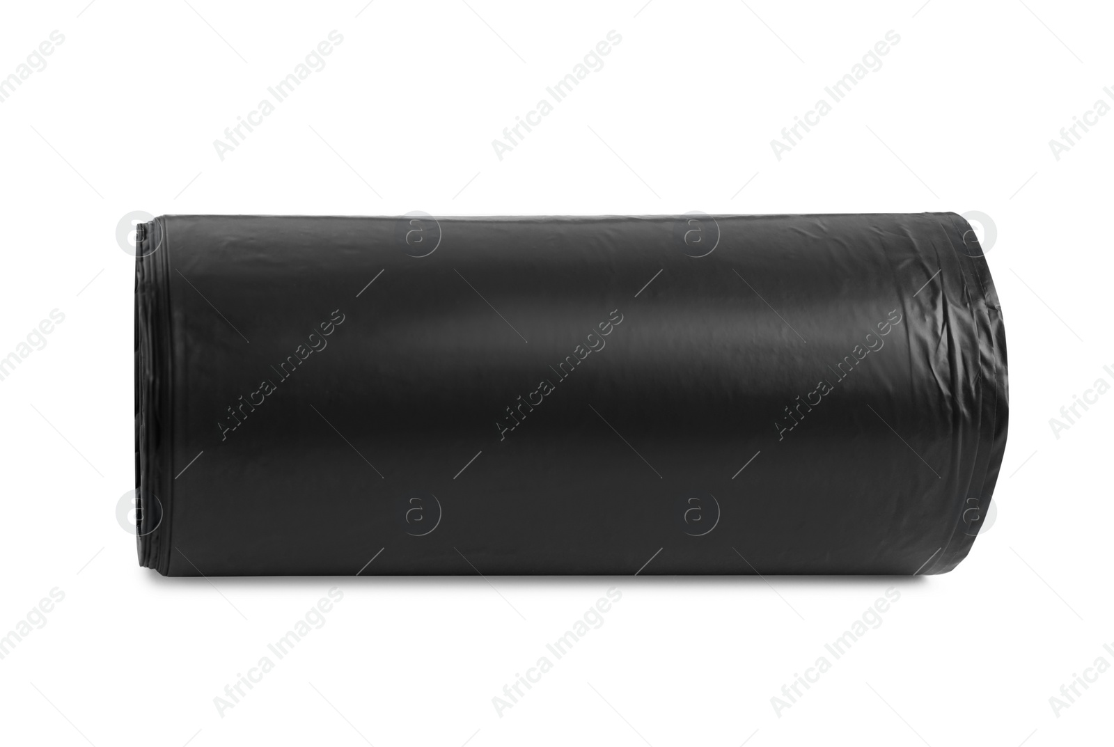 Photo of Roll of black garbage bags on white background. Cleaning supplies