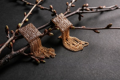 Branches with beautiful earrings on black background, space for text. Luxury jewelry