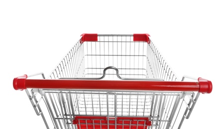 Photo of Empty metal shopping cart on white background