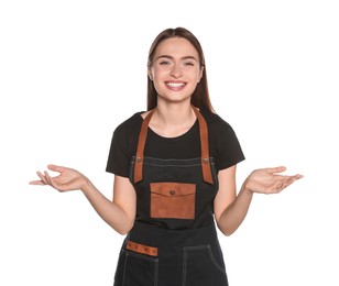 Portrait of happy hairdresser on white background