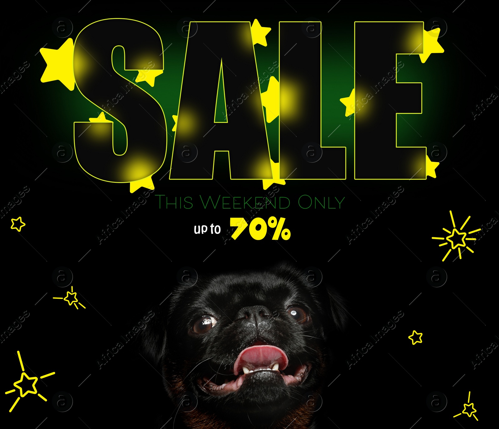 Image of Advertising poster Pet Shop SALE. Cute dog and discount offer on black background