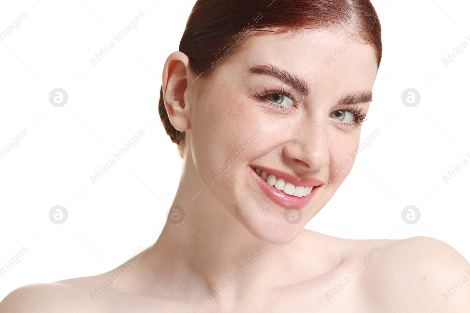 Photo of Portrait of smiling woman on white background, closeup