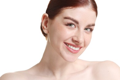 Portrait of smiling woman on white background, closeup